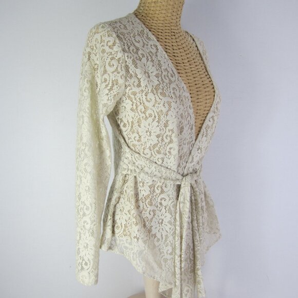Suki Women M Taupe Ivory Floral Lace Long Sleeve Cardigan Front Ties Made in USA - Picture 2 of 12